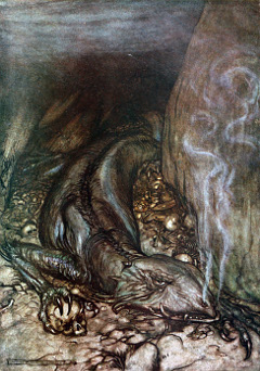 Il tesoro del drago Fafnir. Disegno di A. Rackham