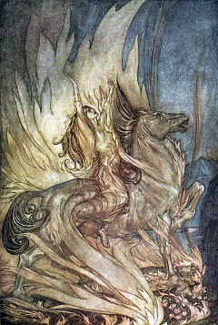 Brunilde si getta sulla pira funebre di Sigfrido. Disegno di A. Rackham