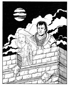 Riccardo e il fantasma di Anna sugli spalti della Rocca di Arona. Disegno di Andrea Capone